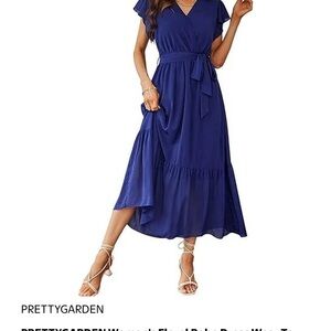 Pretty Garden Women's Boho Ruffled Hem Flowy Maxi Blue Dress with belt XXL